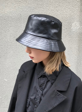 极速Winter Autumn Solid Black Soft PU Leather Bucket Cap Ret
