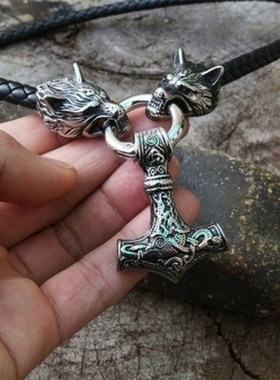 Nordic Viking Mjolnir Hammer Pendant Wolf Head Leather Rope