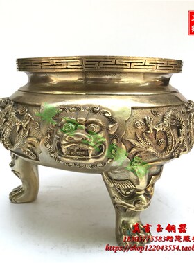 纯铜香炉大号二龙戏珠香炉摆件黄铜铸造大香炉焚香具香炉关公炉