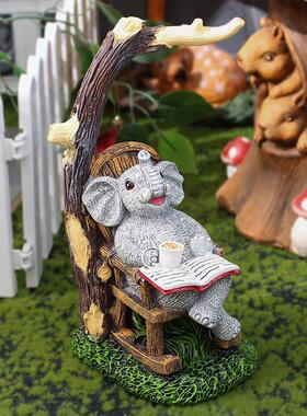 大象摆件树脂工艺品大象坐椅子看书咖啡休闲场景户外庭院装饰摆件