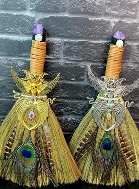 大扫把天然紫水晶翅膀万圣节孔雀羽毛祭坛摆件