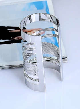 欧美时尚朋克开口手饰 宽面镂空金属手镯  金属夸张手环臂环