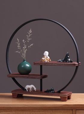 禅意实木置物架摆件创意桌面饰品茶几铁艺方格子中式博古架工艺品