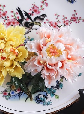 新中式艺术瓷花手工捏花春色满园挂盘摆件客厅酒柜博古架书房装饰