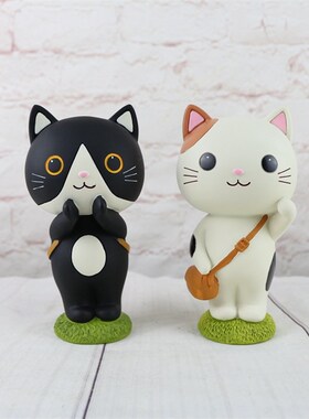 现货速发创意萌宠摇头黑白猫可爱猫小夜灯树脂摆件 招财猫风铃挂