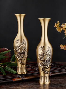 纯铜花瓶古典家居桌面插花瓶中式仿古浮雕百福花瓶开业乔迁铜摆件