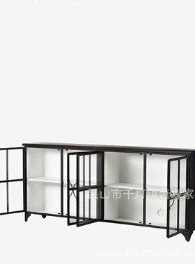 美式复古实木餐边柜家用客厅储物柜铁艺玻璃开门电视柜储物展示柜
