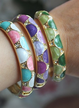 古风时尚滴釉景泰蓝开口镯子复古花卉珐琅彩手镯纤巧美镯汉服配饰