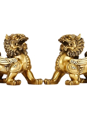 纯铜麒麟摆件一对铜工艺品中式家居办J公室桌面公司开业乔迁礼品