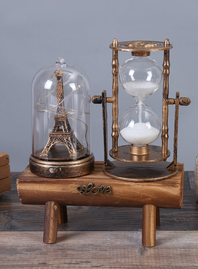 复古巴黎铁塔沙漏摆件创意复古摆件办公室摆件创意家居木雕工艺品