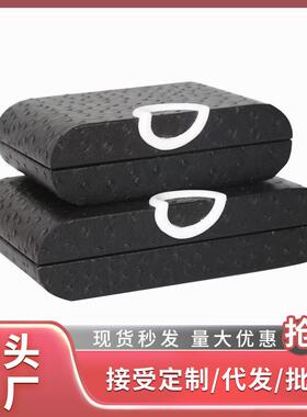 收纳盒简约鸵鸟皮质灰色黑扣首饰盒样板间卧室衣帽间梳妆台摆件