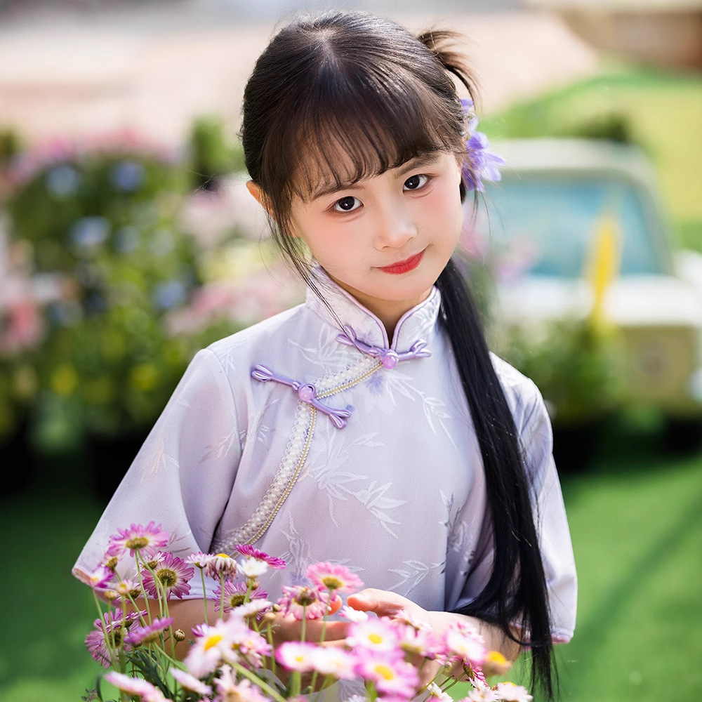 2025夏季新款女童新中式旗袍连衣裙夏装新款披肩领复古汉服旗袍 - 图2