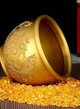 黄铜米缸聚财带盖子大小号百福水缸办公室桌面聚宝盆客厅招财缸摆