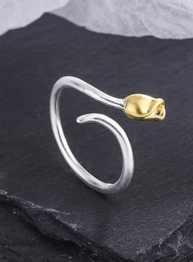 简约森系时尚分色小花朵纯银戒指冷淡风小清新甜美金色玫瑰花戒指