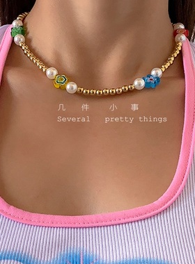 几件小事/波西米亚森系清新甜美度假风琉璃小碎花CCB圆珠锁骨项链