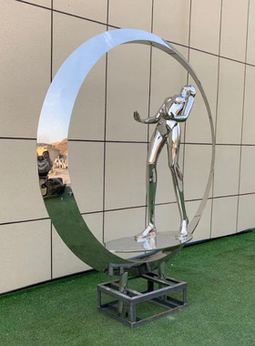 不锈钢镜面抽象圆环人物雕塑定制大型金属镂空月亮广场装饰品摆件