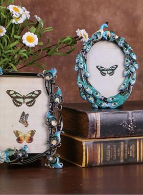 田园相框创意孔雀蓝椭圆形文艺复古摆件画框影楼婚纱照片儿童相框