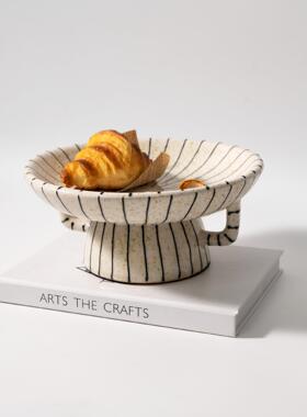 现代法式中古黑白条纹水果盘摆件客厅茶几家用复古创意甜品盘