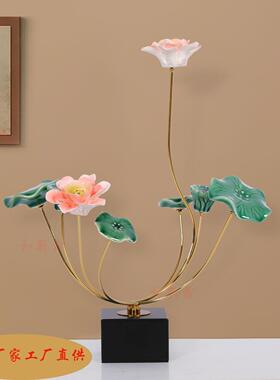 新居中式轻奢荷花888暖房饰品莲摆件乔迁新客厅样板间酒柜高端软
