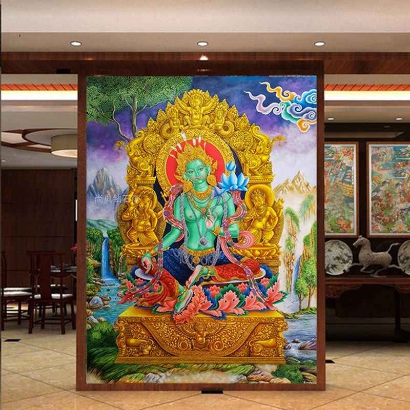 尼泊尔藏传唐卡DIY方钻满钻钻石画纽瓦丽绿度母粘贴钻点钻十字绣,淘宝优惠券,粉丝福利购,淘宝优惠卷