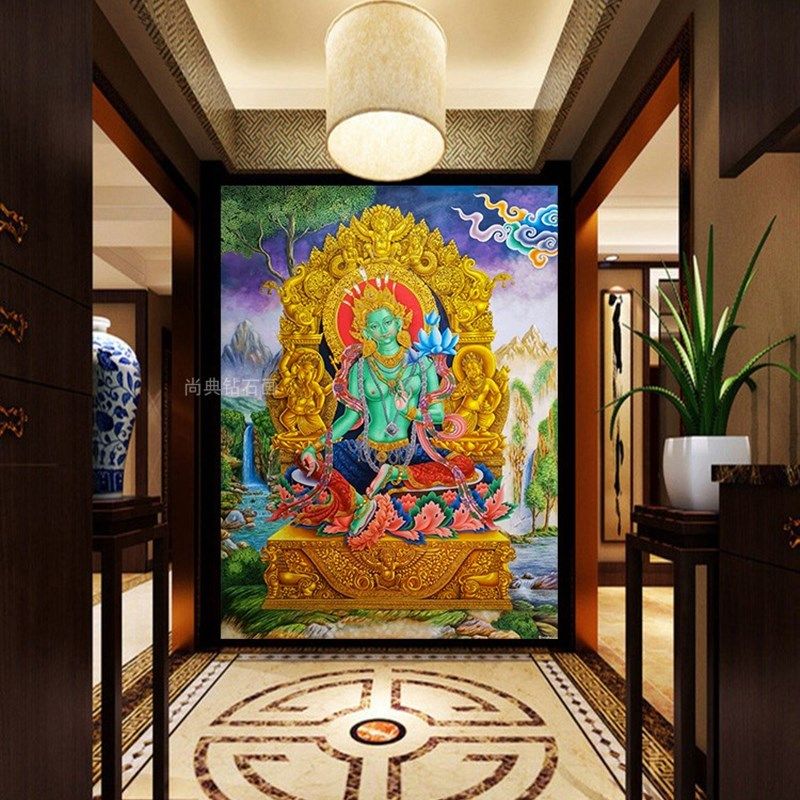 尼泊尔藏传唐卡DIY方钻满钻钻石画纽瓦丽绿度母粘贴钻点钻十字绣,淘宝优惠券,粉丝福利购,淘宝优惠卷