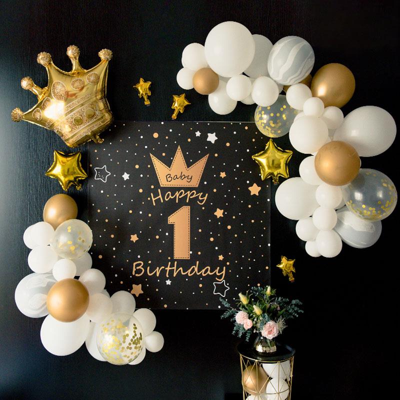 金黑生日海报主题派对儿童铝膜气球背景墙1周岁气球装饰百天布置 - 图1