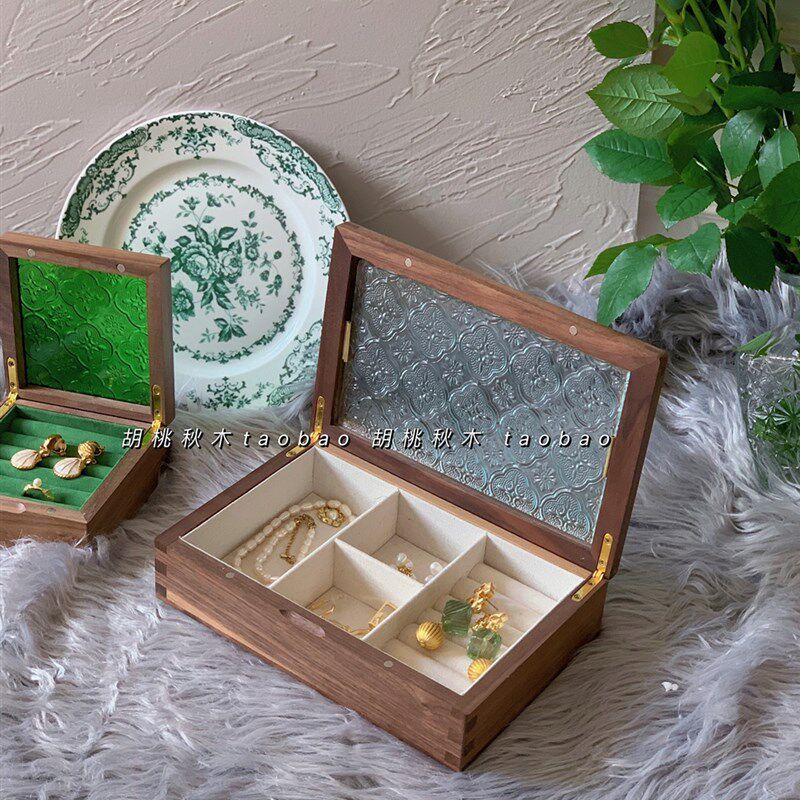 便携木质首饰盒实木饰品盒玻璃收纳戒指L项链耳饰复古戒指盒礼盒,淘宝优惠券,粉丝福利购,淘宝优惠卷