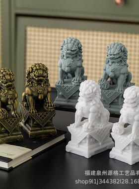 VZT国潮中式青砂石石狮一家对摆件造景瑞兽鱼桌面居客厅装缸饰品