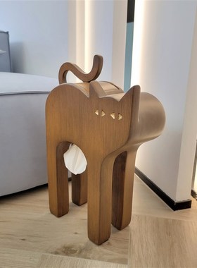 原木风家居客厅装饰摆件木纹猫纸E巾盒玄关电视柜桌面餐厅抽纸盒