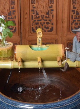 鱼缸过滤器竹子循环流水制氧客厅养鱼水缸池N造景陶瓷流水生财摆