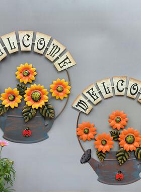 美式乡村创意客厅墙面壁饰水壶WELCOME彩绘太阳花铁艺装饰品挂件