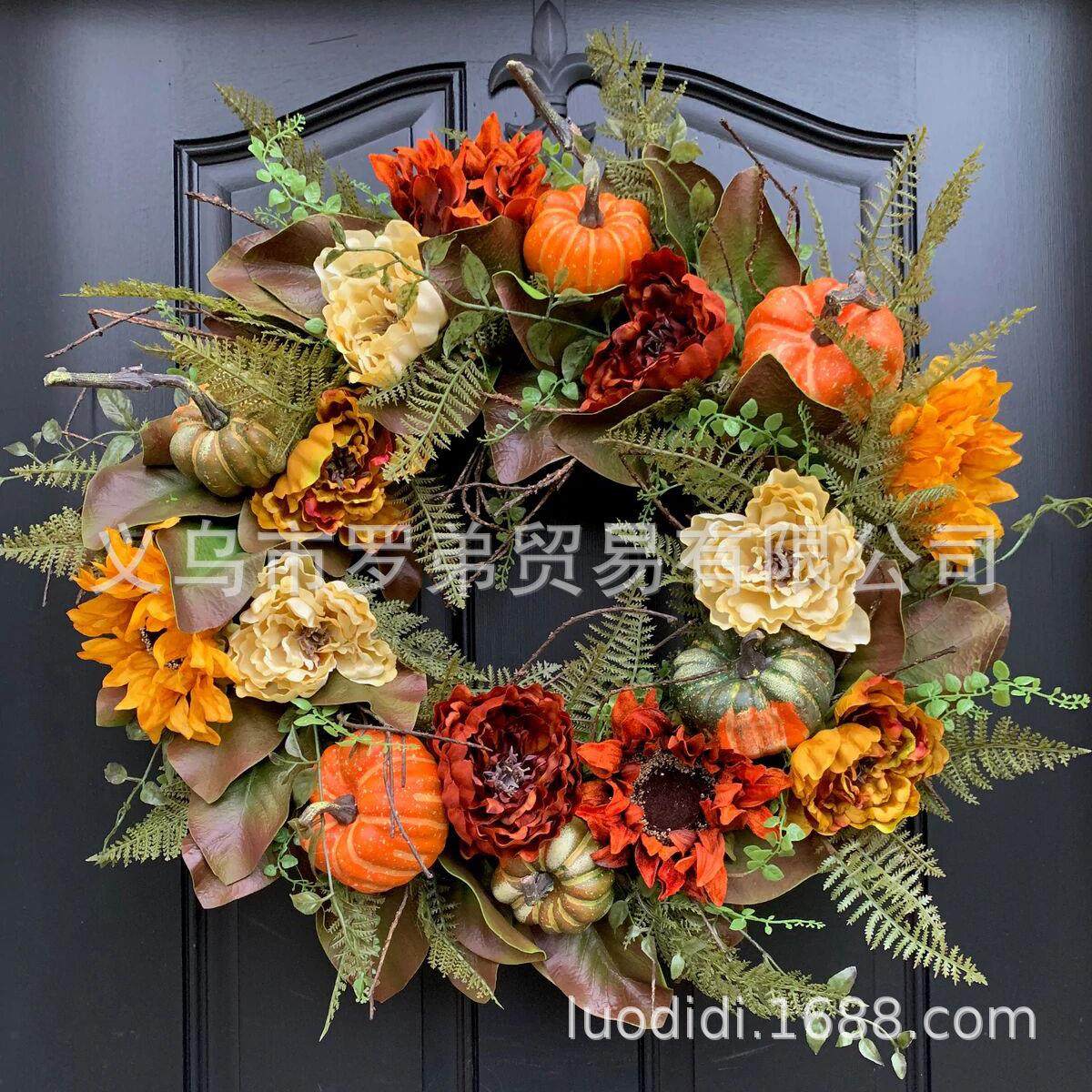 花新品仿真秋季感枫叶南瓜花环挂饰向日壁葵丰收环门挂MZX饰恩节,淘宝优惠券,粉丝福利购,淘宝优惠卷