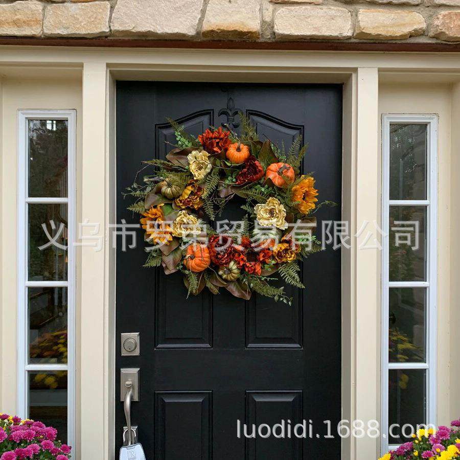 花新品仿真秋季感枫叶南瓜花环挂饰向日壁葵丰收环门挂MZX饰恩节,淘宝优惠券,粉丝福利购,淘宝优惠卷