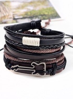 男士手錬欧美饰品皮绳编织牛皮手环 合金吉他三件套套装手饰