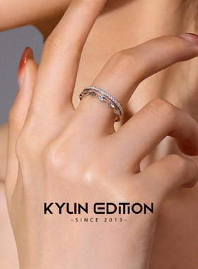 空麟银锆石双层波浪纹银镀金戒指女轻奢镶钻小众开口可调节戒指