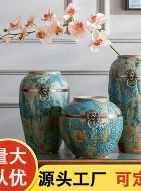 景德镇陶瓷带铜环蓝色泡泡釉陶瓷落地大花古典中式摆件