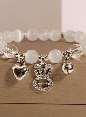 kt猫猫爱心diy铃铛手链女手工串珠猫眼石闺蜜手环送女友礼物学生