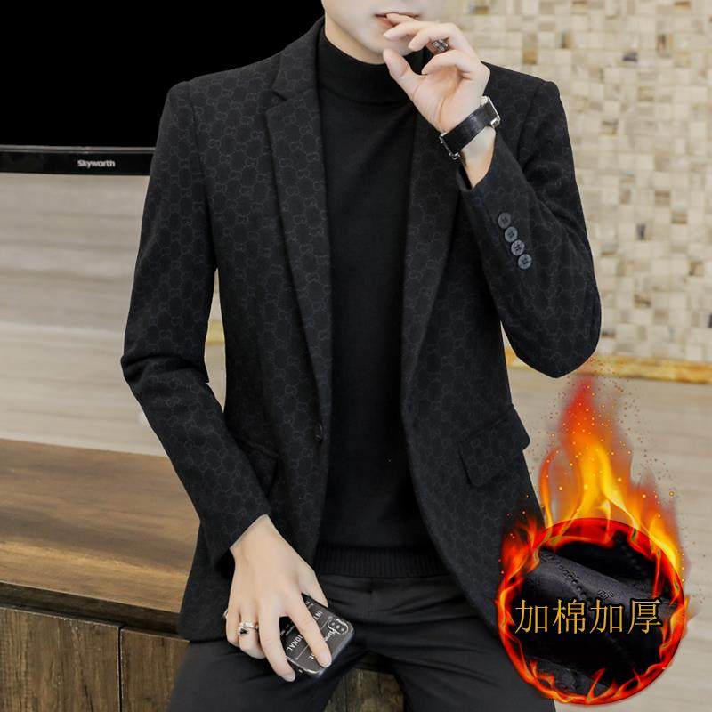 秋冬季小西装男士韩版修身印花单西男装休闲加棉加厚保暖西服外套,淘宝优惠券,粉丝福利购,淘宝优惠卷