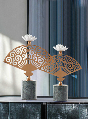 新中式样板间玄关摆件博古架大理石金属摆设客厅禅意轻奢软装饰品