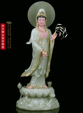 汉白玉西方三圣佛像翠玉镶金石雕阿弥陀佛像观音佛像家用摆件