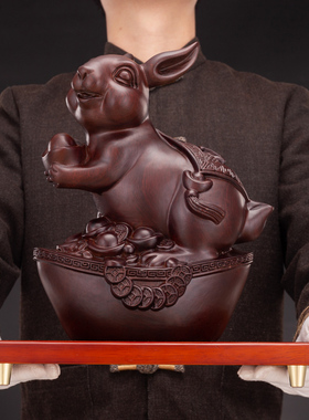 黑檀木雕兔子摆件大号生肖玉兔实木可爱家居客厅电视柜旁边装饰品