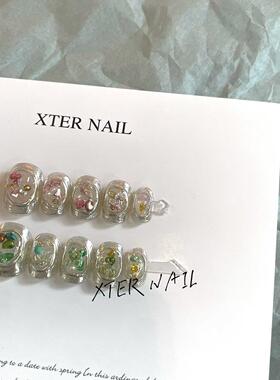 小红书防水假指甲贴片魔镜粉复古矿石深林短款美甲成品手工穿戴甲