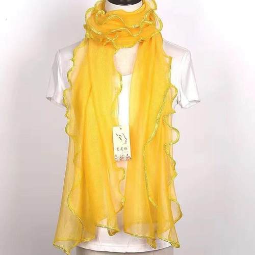 围巾女荷叶边亮丝纯色蕾丝丝巾时尚百搭女士红色民族风洋气薄款 - 图0