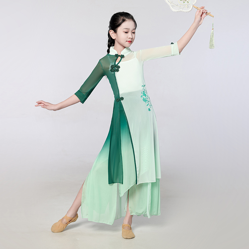 儿童古典舞蹈服飘逸纱衣女童表演练功服民族旗袍服装扇子舞演出服 - 图1