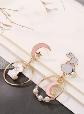 极速Korean Style Cute Rabbit Moon Star Pendant Asymmetry
