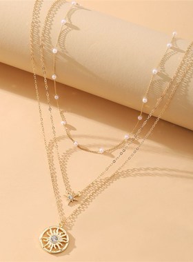 Sun Pendant clavicle chain retro pearl multi-layer Necklace