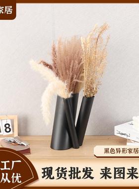 现代轻奢线条造型黑色异形家居花瓶样板房客厅书房办公桌面饰品