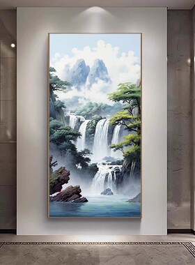 速发进门玄关中饰高山流水生财壁画新装式竖版过道挂画景厅山水风