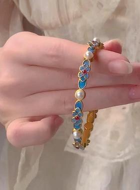 古法点翠蓝粉撞色手镯梦幻少女心民族风高级轻奢复古手环百搭饰品