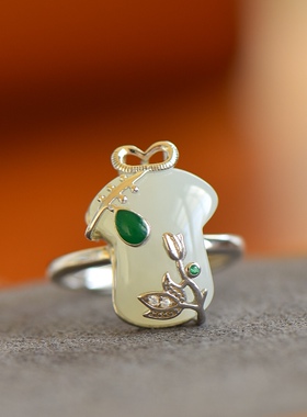 s925银镶和田玉旗开得胜戒指中国风银色甜美白玉精美天然玉石1366